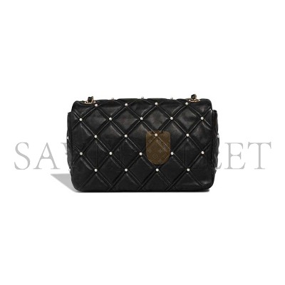CHANEL BLACK LAMBSKIN QUILTED PEARL STUDDED FLAP BAG WITH GHW (24*16*7.5cm)